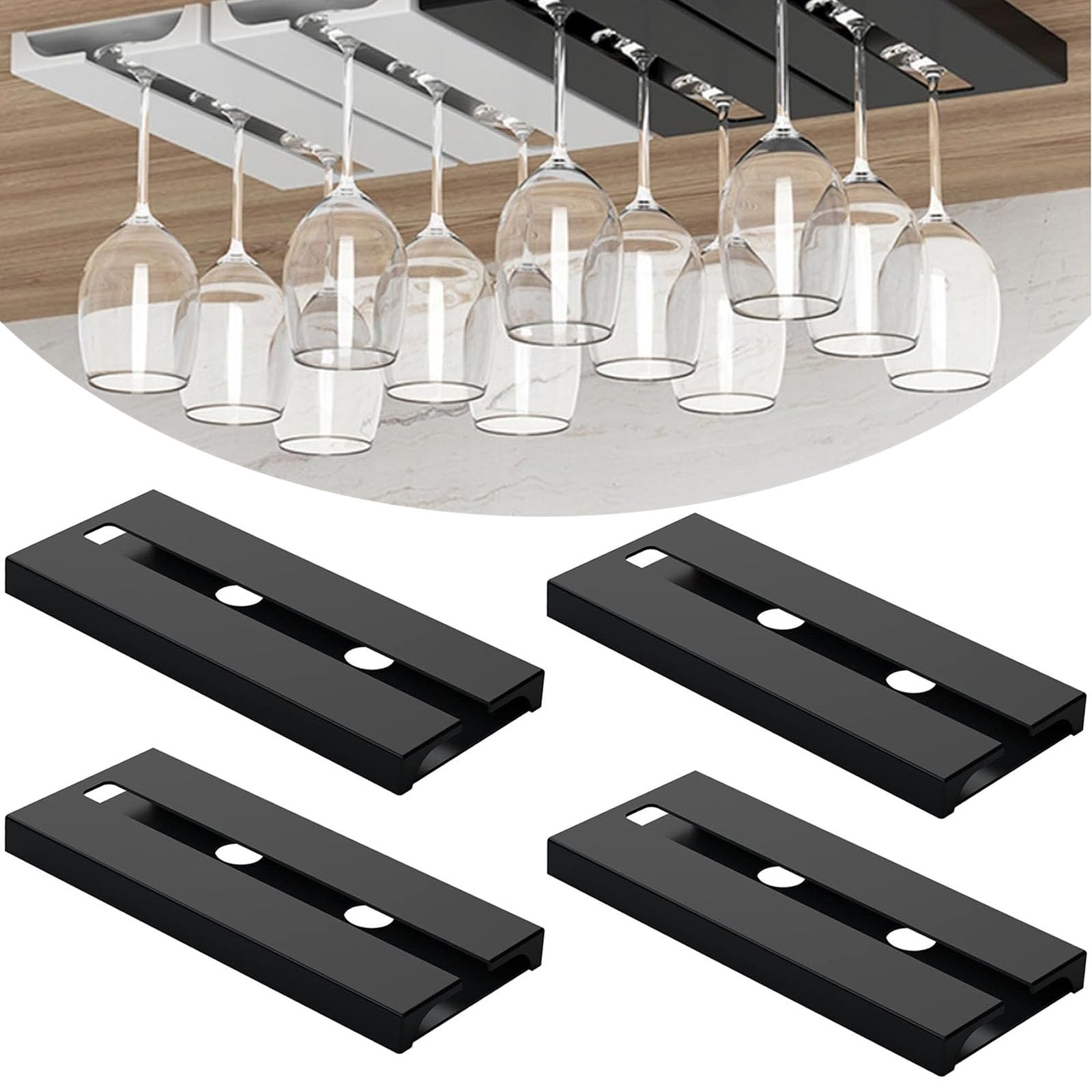 SAMSYOKI 4 Piezas Soporte para Copas de Vino Colgante, Estante Copas Vino Debajo Gabinete, Colgador Copas Sin Taladrar, Estante Colgar Copas Autoadhesivo para Hogar Bar Cocina Restaurante (Negro)