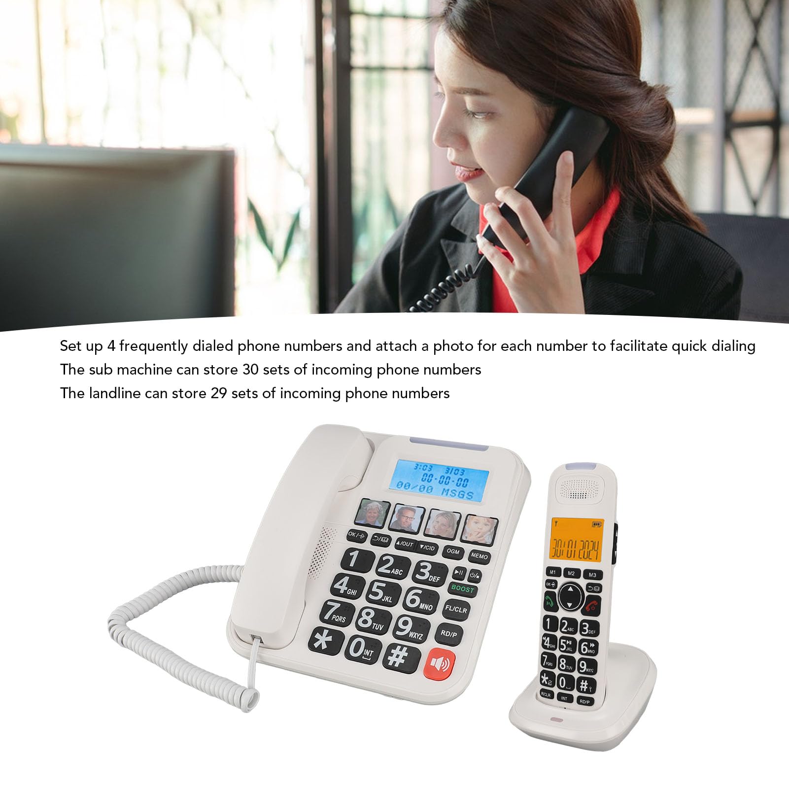 Telefono Cordless per Anziani con Filo, Segreteria Telefonica, Blocco Chiamate, Selezione Fotografica, Suoneria Forte, Chiamata in Vivavoce, Chiamata a 3 Vie, Guida (Spina europea)