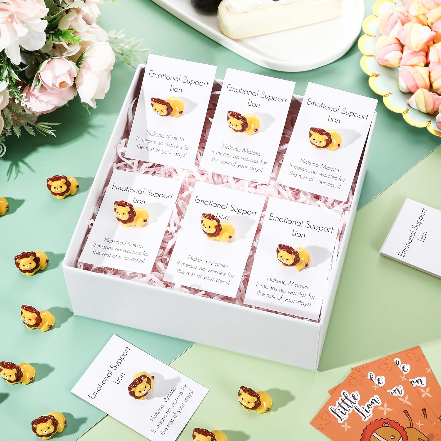 Threehoney 50 Sets Mini Lion Gifts Bulk Lion Resin Figurines with Inspirational Pocket Card Appreciation Gifts for Back to School Team Staff Friend Birthday Party