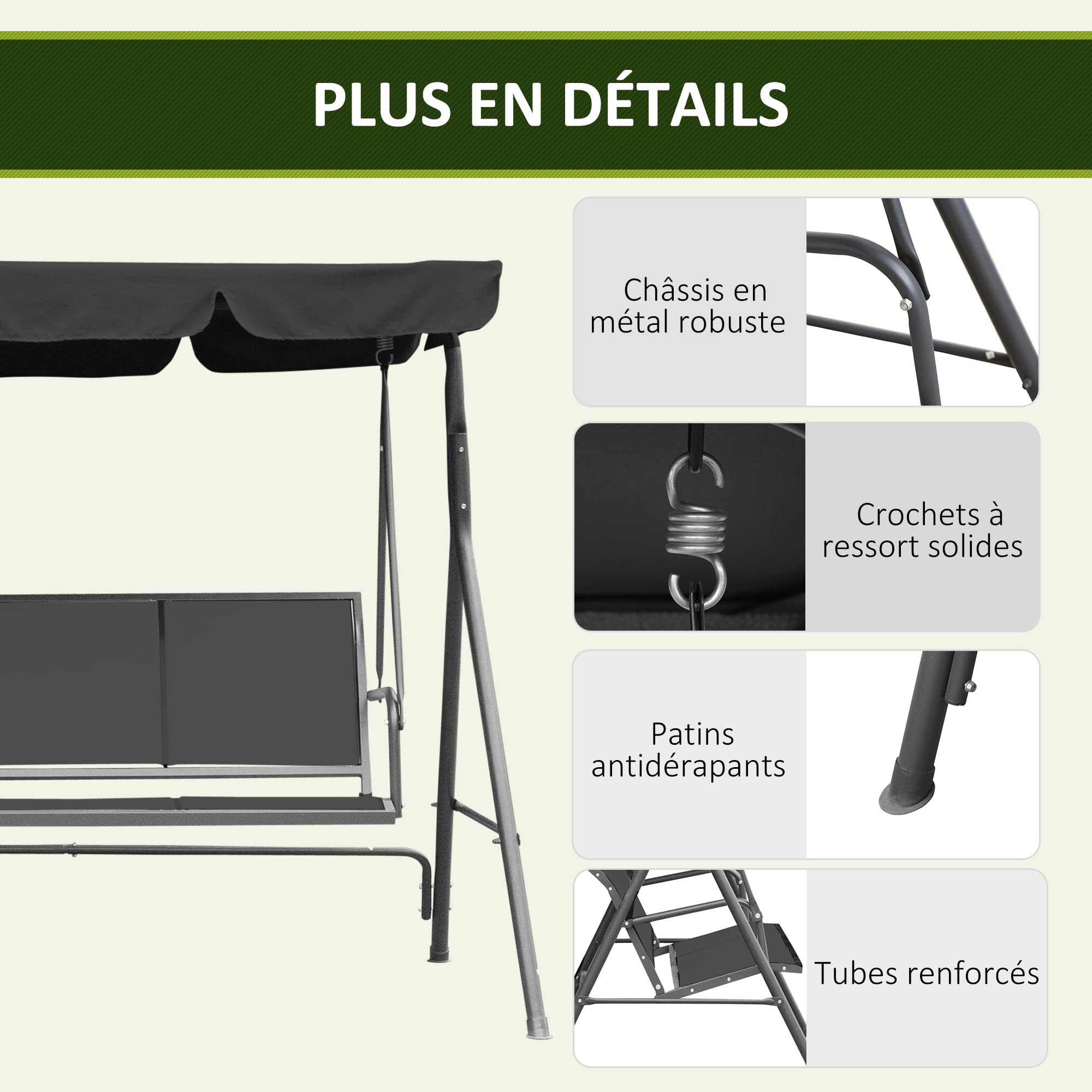 Outsunny Balancelle de Jardin 3 Places Toit imperméabilisé Acier Gris
