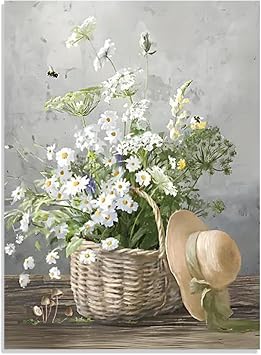 Xetpc Daisy Flower Wall Art Poster, Rustic Canvas Wall Decor Picture, Floral Print, Decorative Painting for Bathroom Living Room Bedroom and Kitchen, 12x16 in Unframed