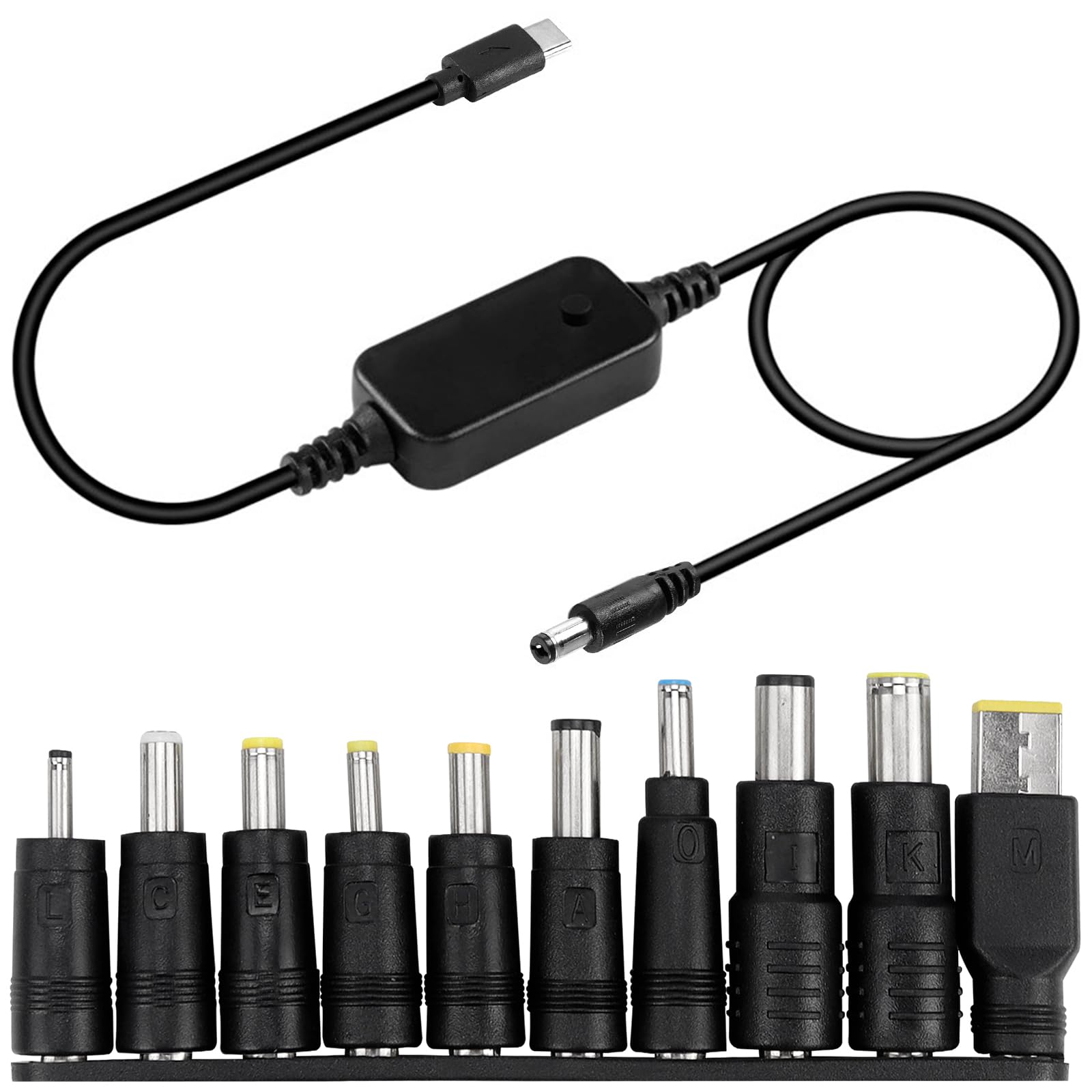 Câble Adaptateur PD Vers DC 1,2 M | Tension Réglable 5V 9V 12V 15V 20V | Avec 10 Têtes Convertisseurs + Interrupteur - 12