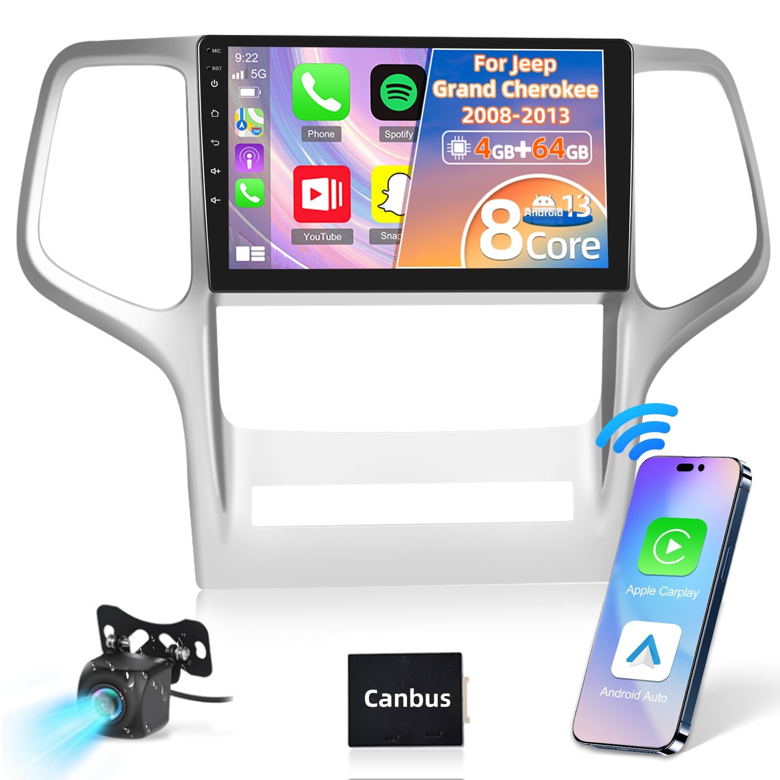 [4G+64G 8-Core] for Jeep Grand Cherokee 2008-2013 Upgrade Radio - Wireless Carplay & Android Auto - 9 inch IPS 1280 * 720P Touchscreen Android 13 Stereo - DSP/32EQ/59 UI/WiFi/GPS + AHD Backup Camera