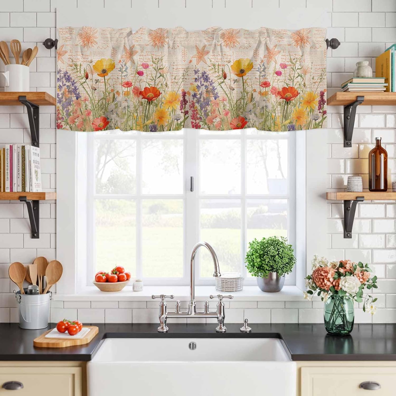 Savannan Window Valance Curtain, Watercolor Blossom Poppy Flower Rod Pocket Short Curtain Valances for Kitchen Bedroom Living Room Cafe 1 Panel 42x12in Retro Spring Floral Leaves