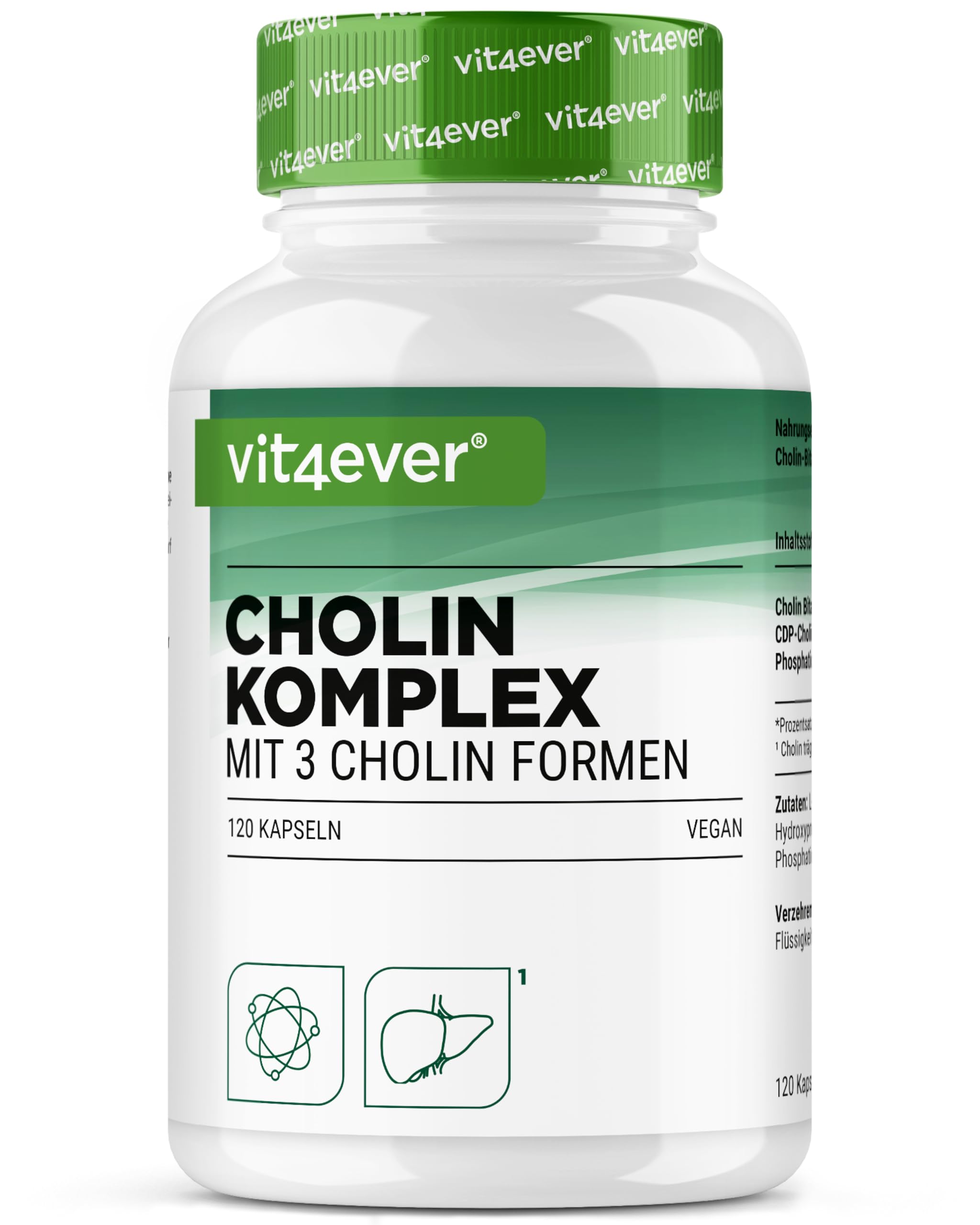 vit4ever Complexe de Choline avec 3 Formes de Choline - 120 Gélules - Bitartrate, Citicoline & Phosphatidylcholine en Combinaison Synergique - Sans Additif - Vegan