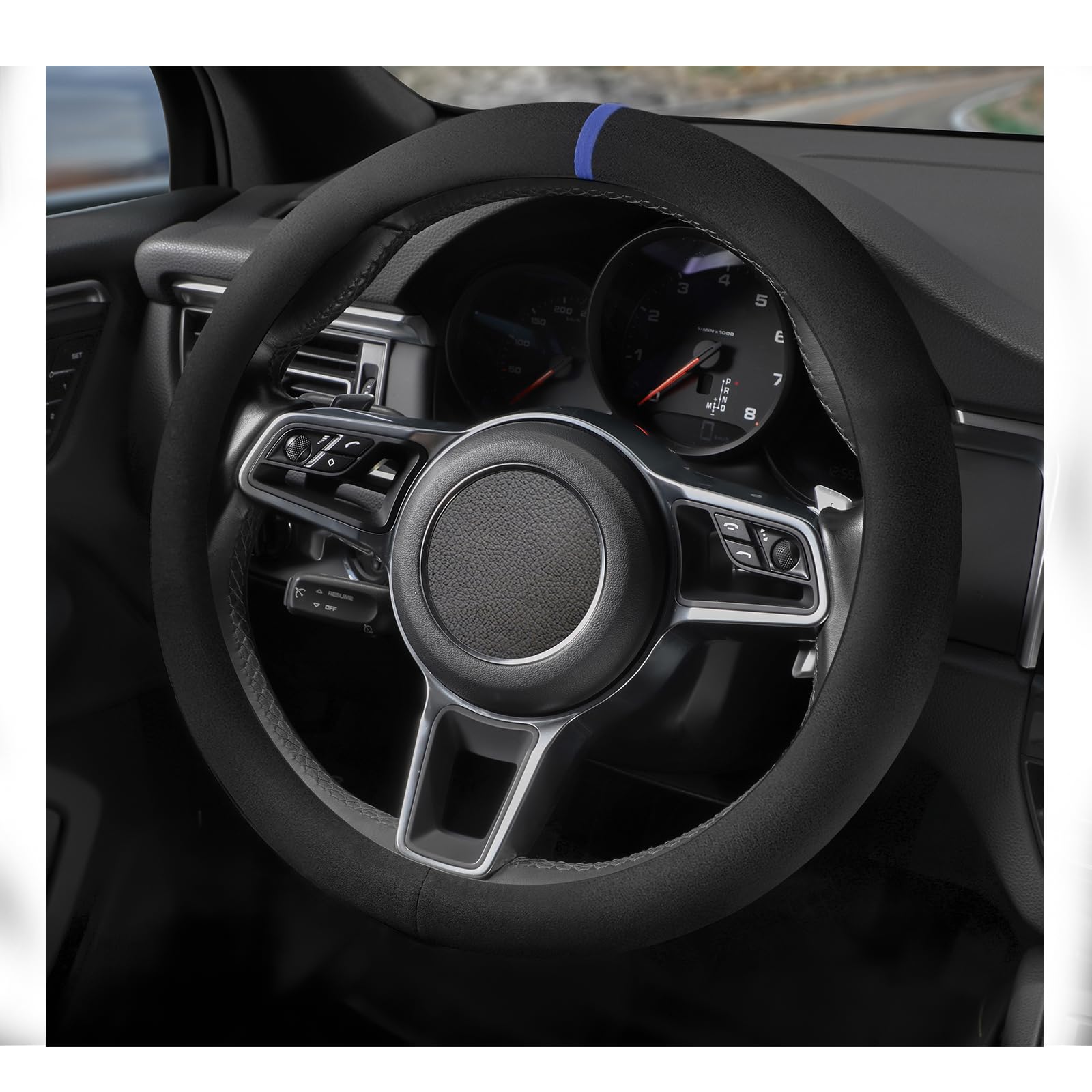 Suede Steering Wheel Cover with Upgraded Silicone Inner Ring, Anti Heat, Breathable, Anti-Slip, Leather Universal 14.5 to 15 inch Steering Wheel Cover (Black and Blue, Solid)