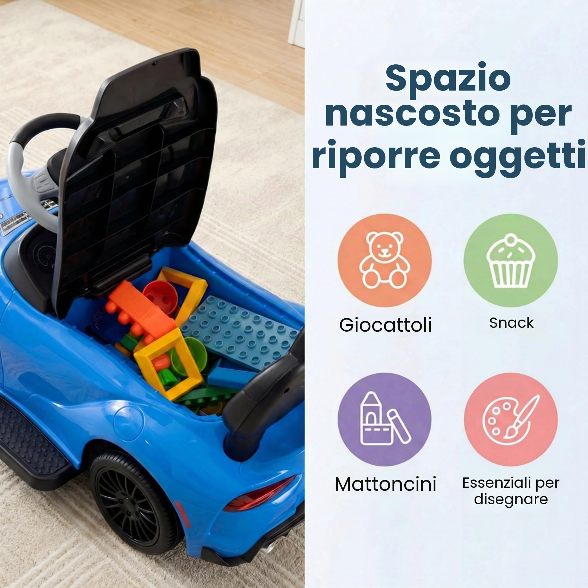 RELAX4LIFE 3-in-1 Macchinina a Spinta/Cavalcabile/Primi Passi per Bambini con Maniglia, Musica, Protezione di Sicurezza, Vano Portaoggetti sotto Sedile, per 1,5 a 5 Anni (BLU)
