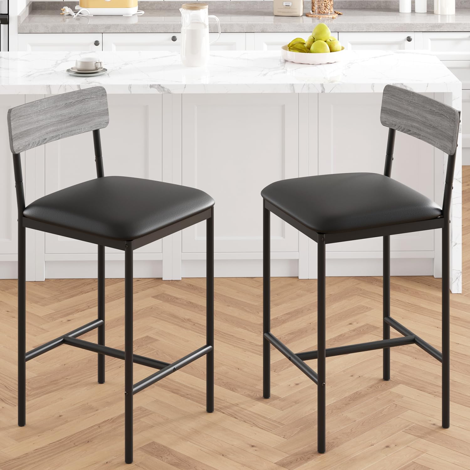 Amyove Bar Stools Set of 2, Upholstered Bar Chairs with Back, 25.5 Inches Kitchen Bar Stools with Footrest, Thick Cushion, Counter Height Barstools for Island, Counter Bar, Easy Assembly, Rustic Grey