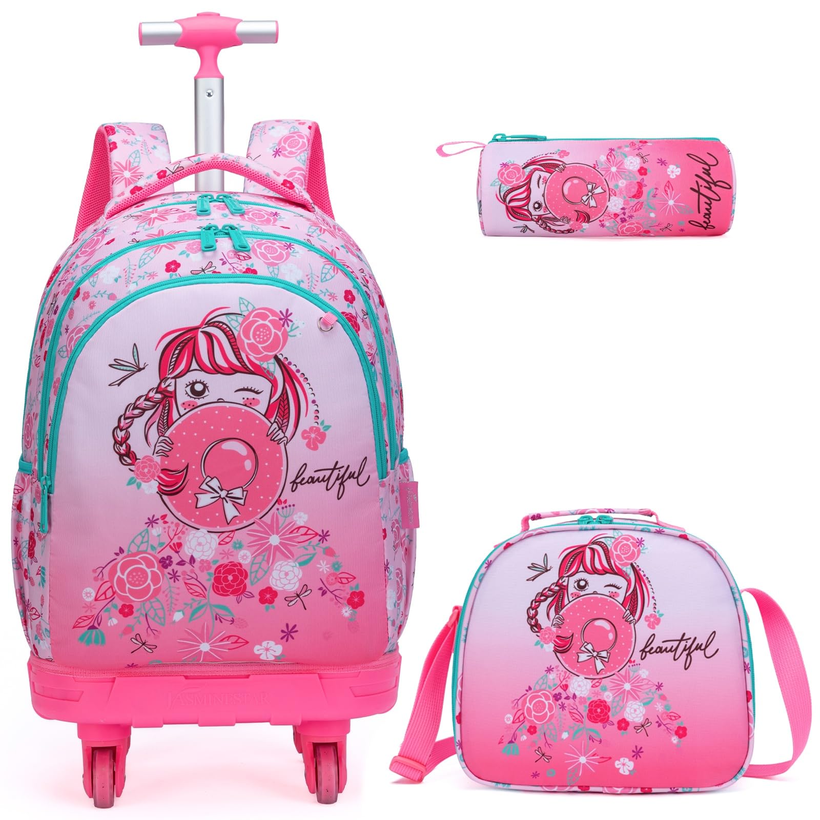 Set di 3 zaini con rotelle 45,7 cm per ragazze e ragazzi con borsa per il pranzo e astuccio, borse scolastiche, 18, Zaini da viaggio