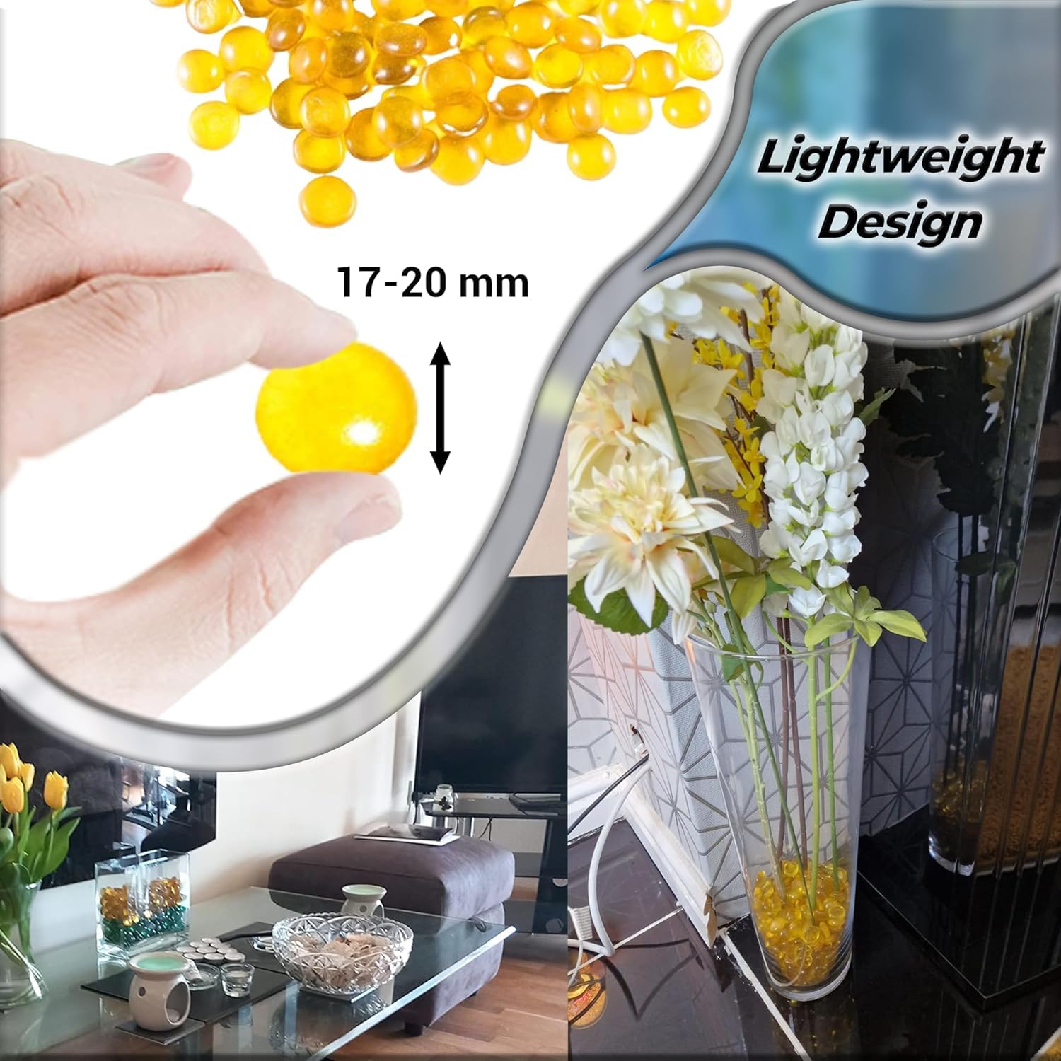 ARSUK – Galets de Verre Jaune 455 g 70-80 pcs Ø17-20 mm – Pierres Décoratives, Cailloux Plat, Perles de Verre, Gravier Aquarium, Remplissage Vase, Mariage, Art Floral, Mosaïque, DIY Décoration Maison