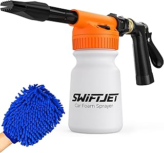 SwiftJet Car Wash Foam Gun + Microfiber Wash Mitt - Car Foam Sprayer - Foam Cannon Garden Hose - Spray Foam Gun Cleaner - Car Wash Kit - Car Accessories for Men - Snow Foam Blaster