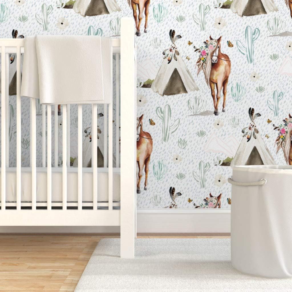 Peel & Stick Wallpaper 3ft x 2ft - Spring Boho Floral Horse Rain Feathers Western Palomino Custom Removable Wallpaper by Spoonflower