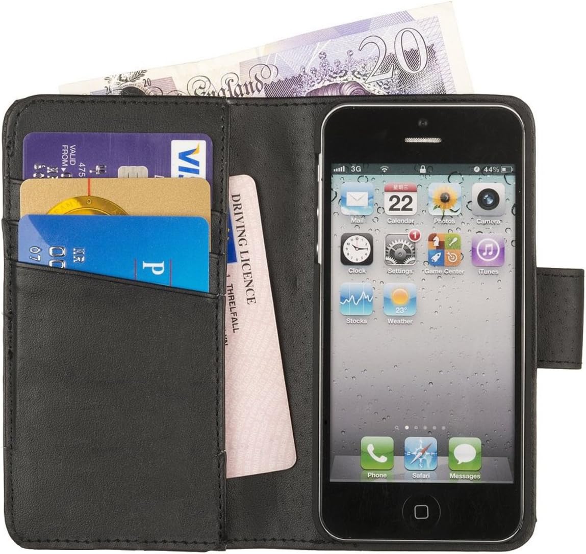 Fonerize FZ Real Leather Wallet Case with Card Holder and Strap for iPhone 5C - Black