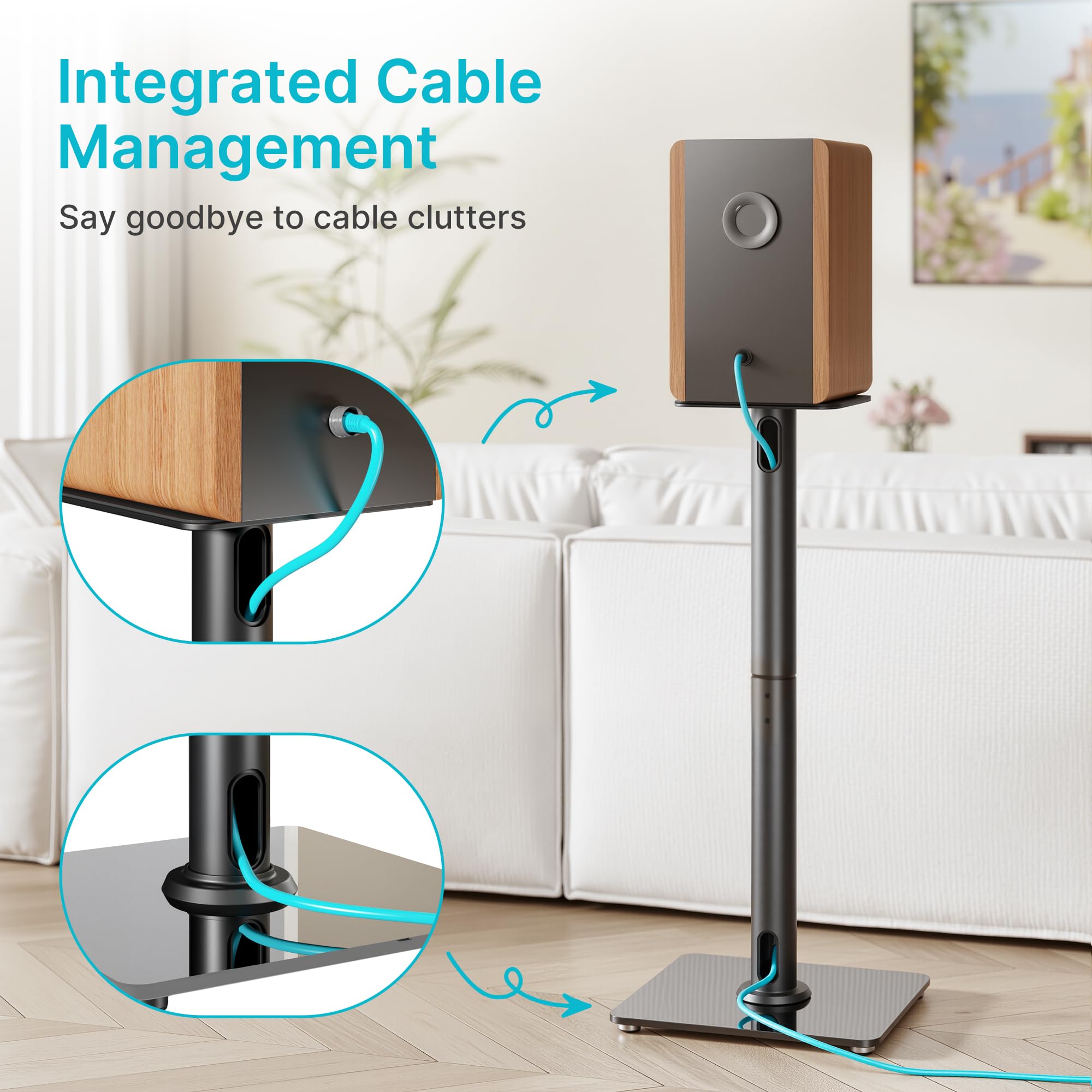 Pegzone Soporte universal para altavoces de sonido envolvente, capacidad de carga de 25 kg, soporte para altavoces de estantería de 76,5 cm de alto, gestión de cables, base grande con base de cristal