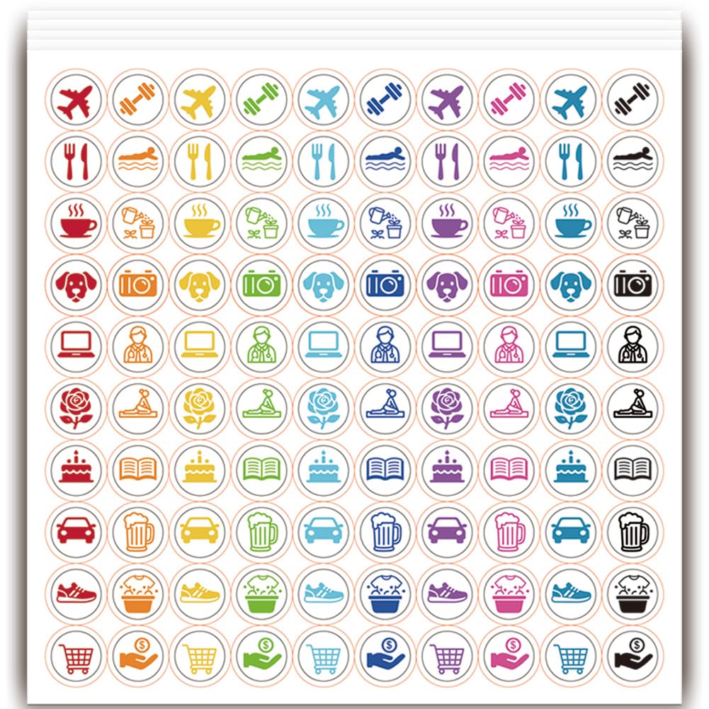 PRESSINART 500Pcs 5 Sheets Mini Daily Calendar Stickers 0.5 Inch, Colorful Planner Stickers for Airplane Fitness Dating Swimming Household Chores Bill Shopping Birthday Reading Tiny Reminder Icons