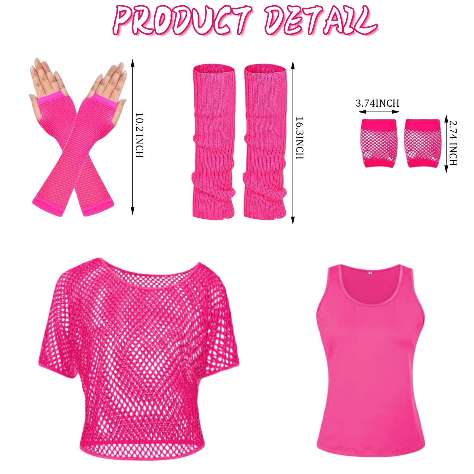MUNSKT Women's Neon Outfit, 80s 90s Fishnet T-Shirt Sleeveless Top with Gloves Leg Warmers - Image 2