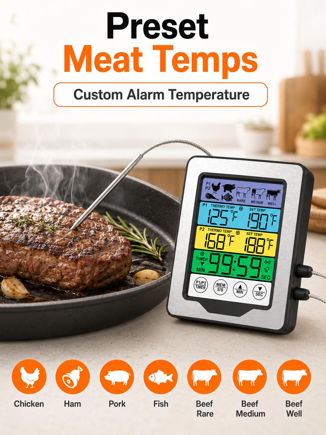 0-300℃/32-572℉ Termometro Digitale con Sonda, Termometri da Cucina, Termometro da Forno con Timer e Schermo Touch a Colori, per Cottura BBQ Alimenti Carne Forno Arrosto Griglia