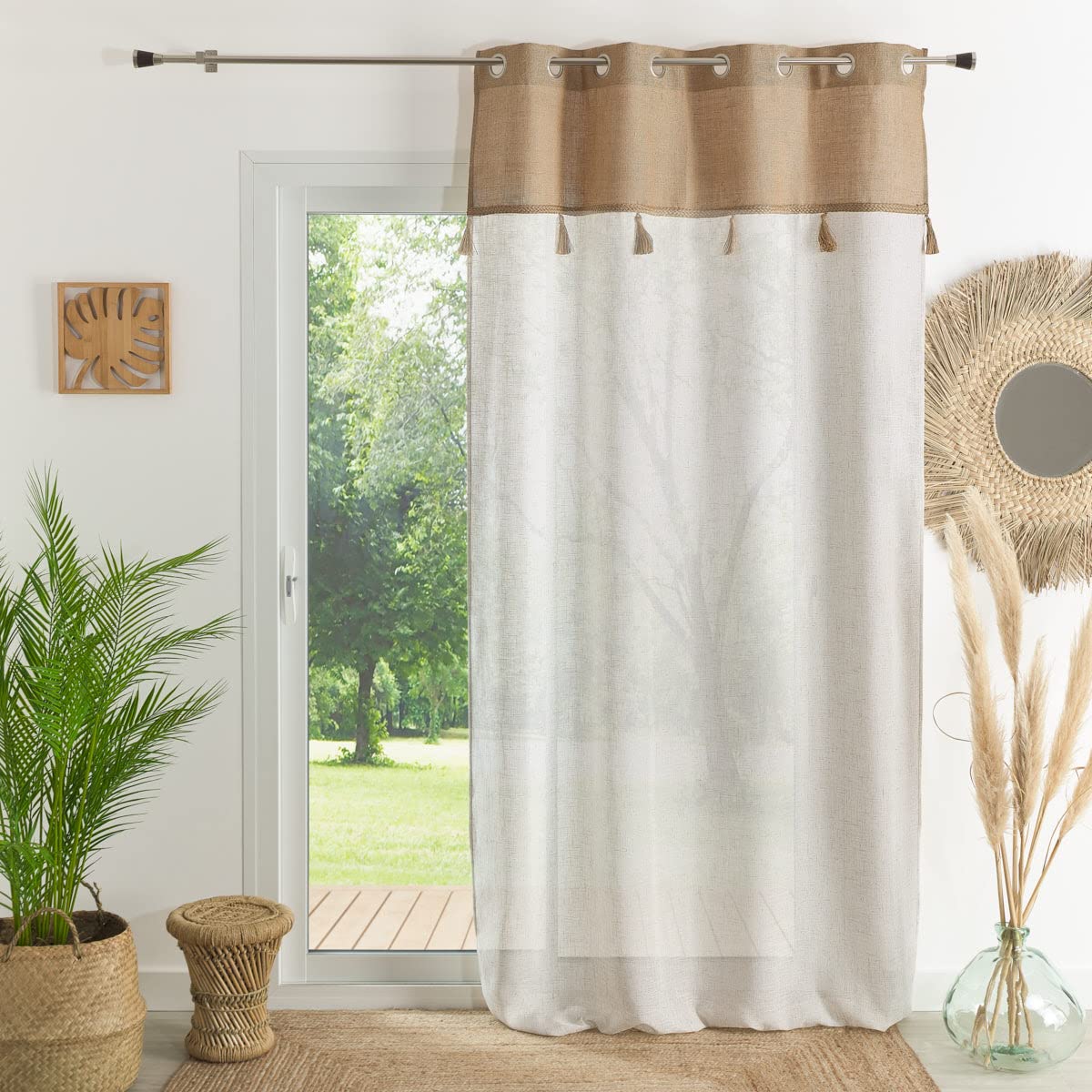 Cortina de lino premium con pompones de yute y acabados de alta calidad para ventana
