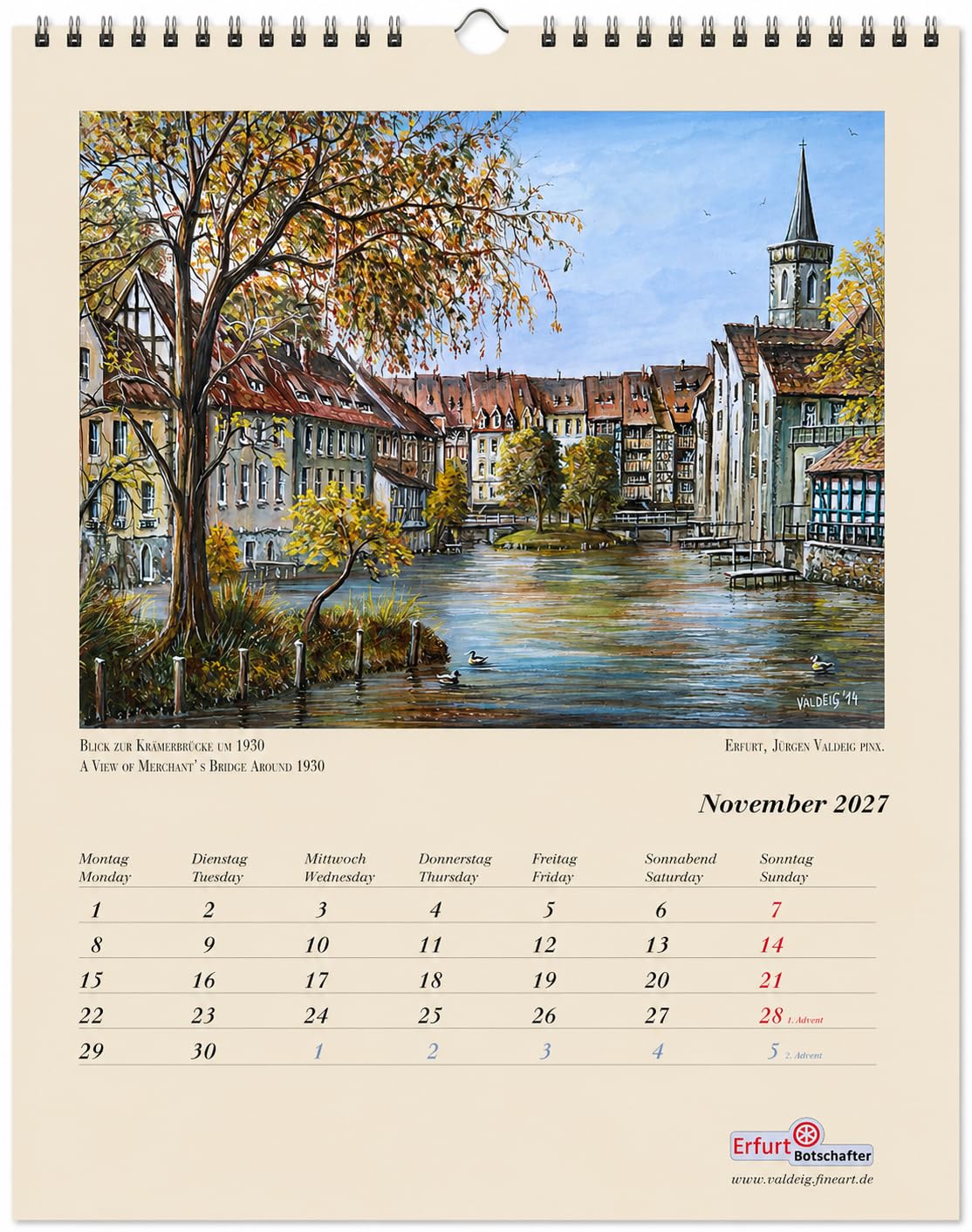 Alt-Erfurt Wandkalender 2027 - Erfurt - Stadt im Grünen Herzen Deutschlands von Jürgen Valdeig - 36 Jahre Kunstkalender mit historischen & aktuellen Motiven, Thüringen, Mittelalter, Bild Kalender