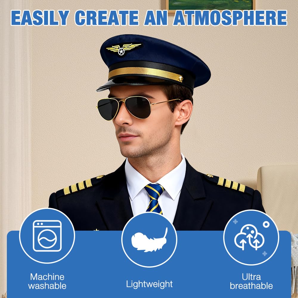 XEERUN 7PCS Pilot Costume Accessories Set, Airline Pilot Captain Hat Costume Accessories Set - Image 4
