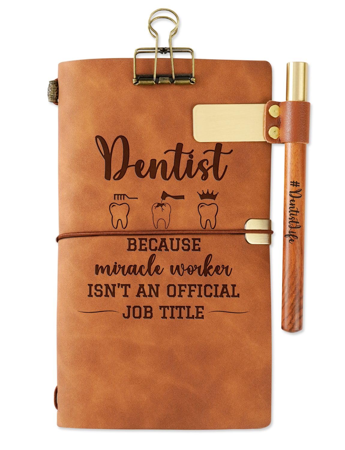 InnoBeta Dental Gifts for Dentist, Leather Journal Notebook with Pen and Pen clip 7.87 x 4.7 Cover, 4 x 7.5 Pages (Inches) Brown