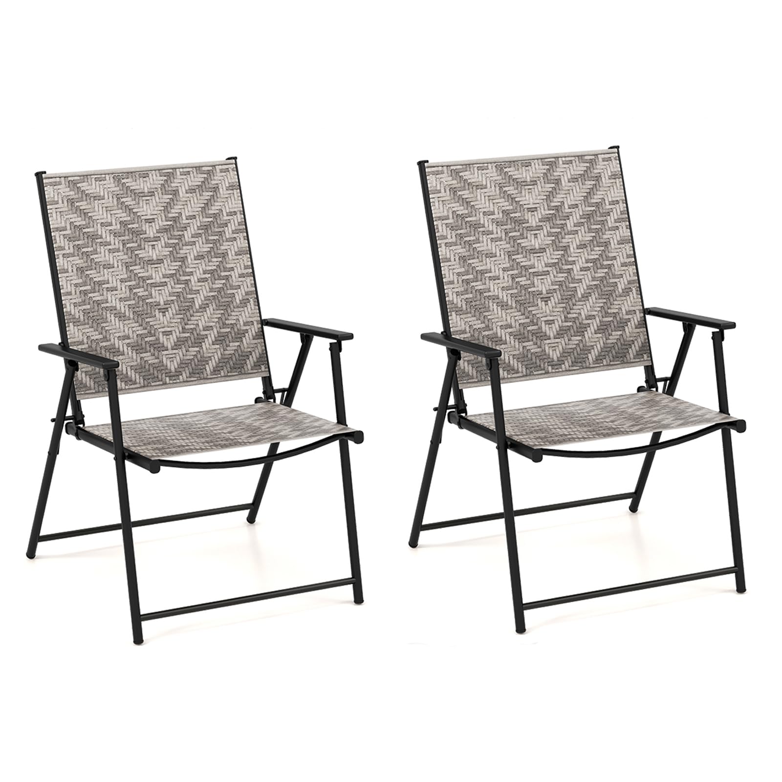 COSTWAY 2 Folding Wicker Garden Chairs Terrace Chairs with Armrests, Metal Frame, Chairs Garden Patio Outdoor Swimming Pool, Load 160 kg, Grey
