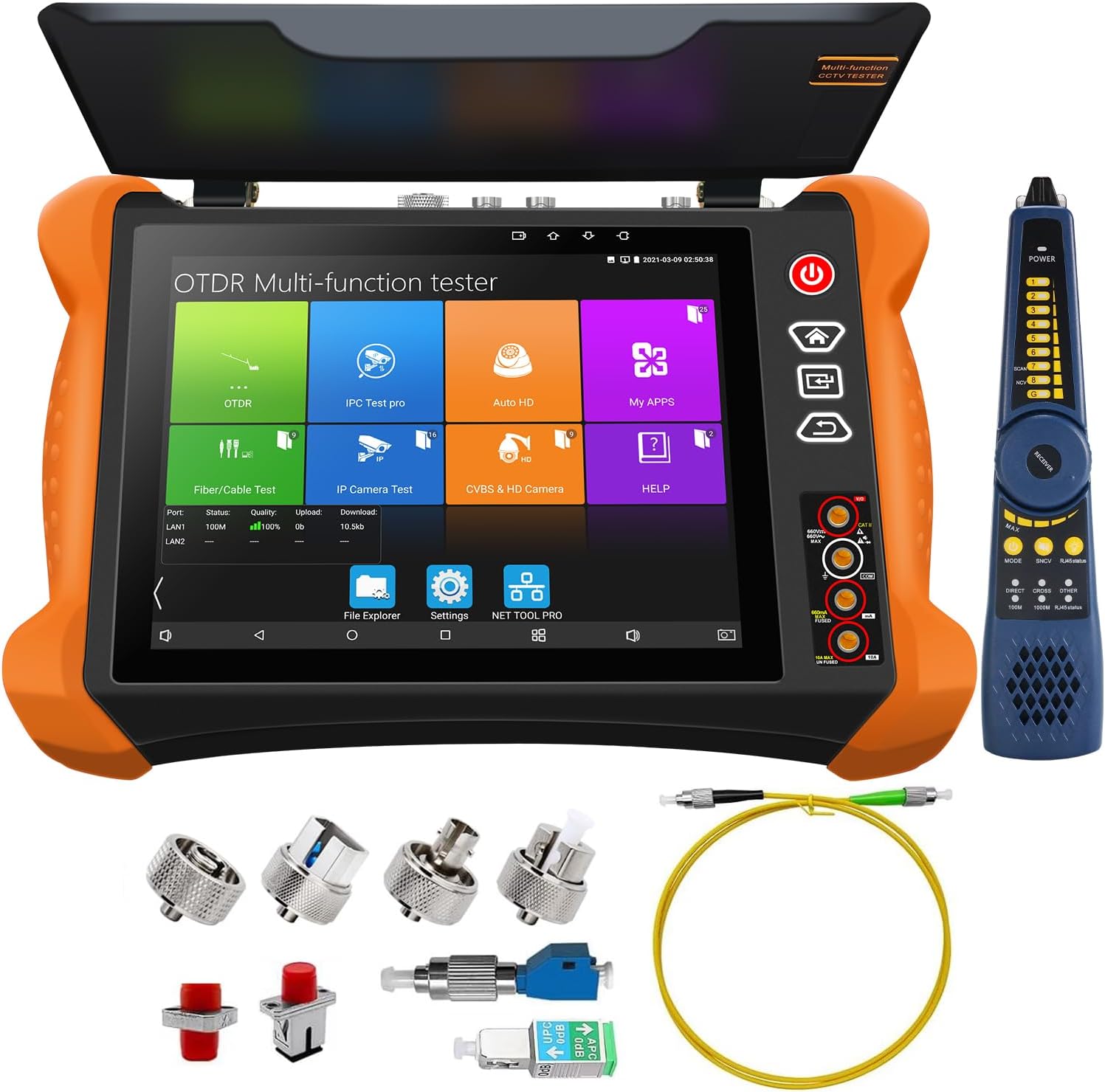 OTDR CCTV Tester, WANLUTECH 1310/1550nm OTDR Fiber Optic Tester 8 inch Touchscreen Built-in DMM OPM OLS VFL Event Map Support TVI CVI AHD IP CVBS Camera Test PoE/HDMI in/RJ45 Cable TDR Test
