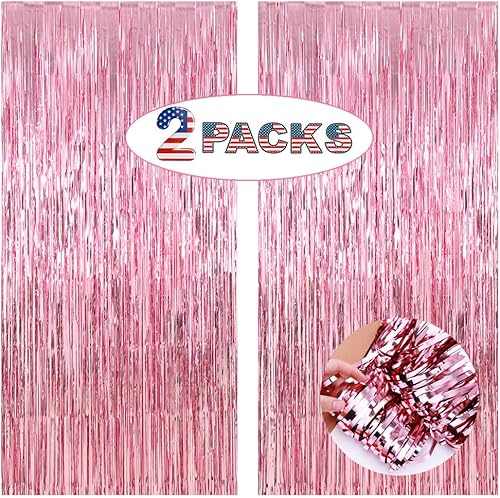Cortina de fondo con flecos rosas para decoración de fiestas, 6.5 x 6.5 pies, paquete de 2 unidades, telón de fondo rosa LILF para decoración de