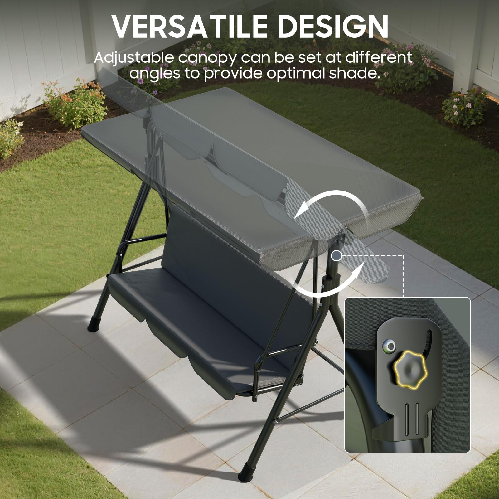 Verdego Hollywoodschaukel 3 Sitzer, Hollywoodschaukeln 193x110x152cm, Gartenschaukel mit Verstellbarem Dach, Anti Rutsch Füße, Einfache Montage, 200KG Belastbar, für Garten, Terrasse, Anthrazit