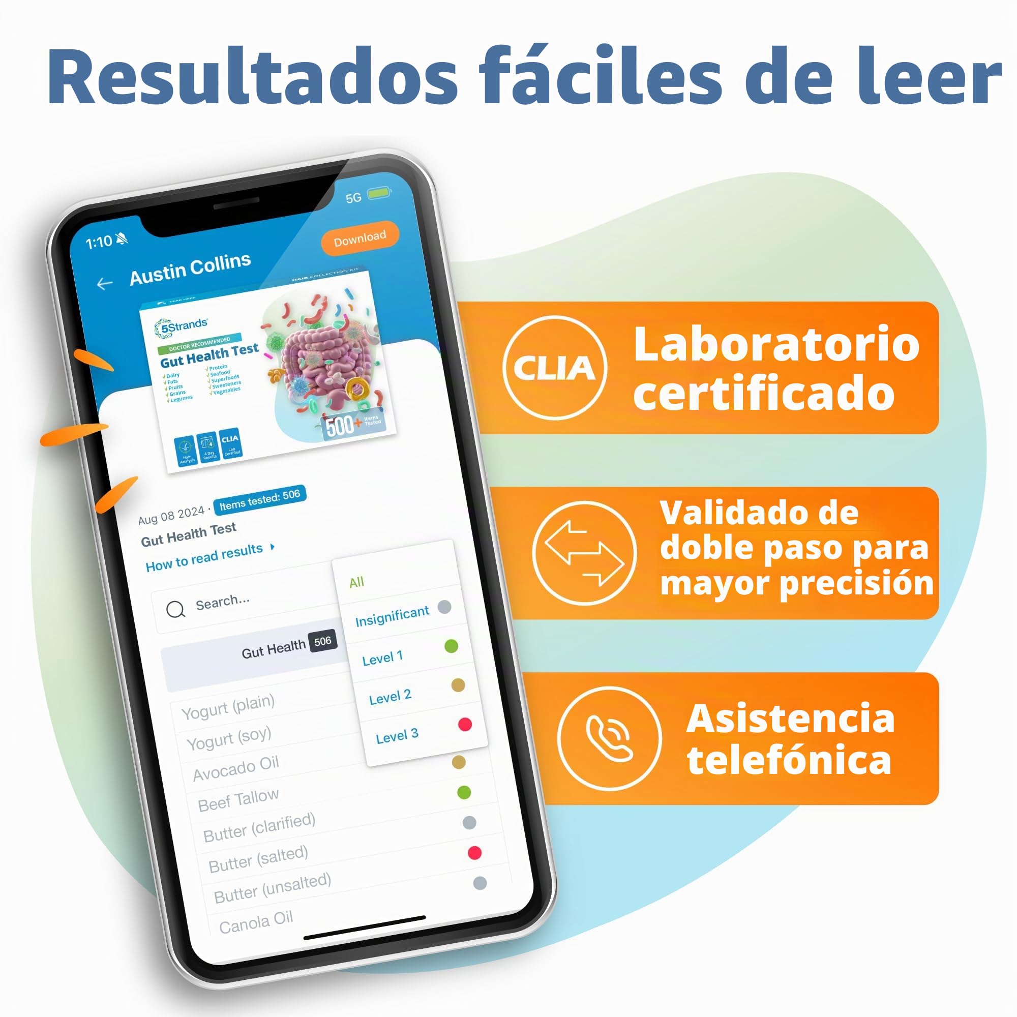 5Strands Prueba de salud intestinal para adultos y niños, más de 500 artículos probados, muestra de cabello en casa para intolerancias alimentarias relacionadas con problemas digestivos, irritación de