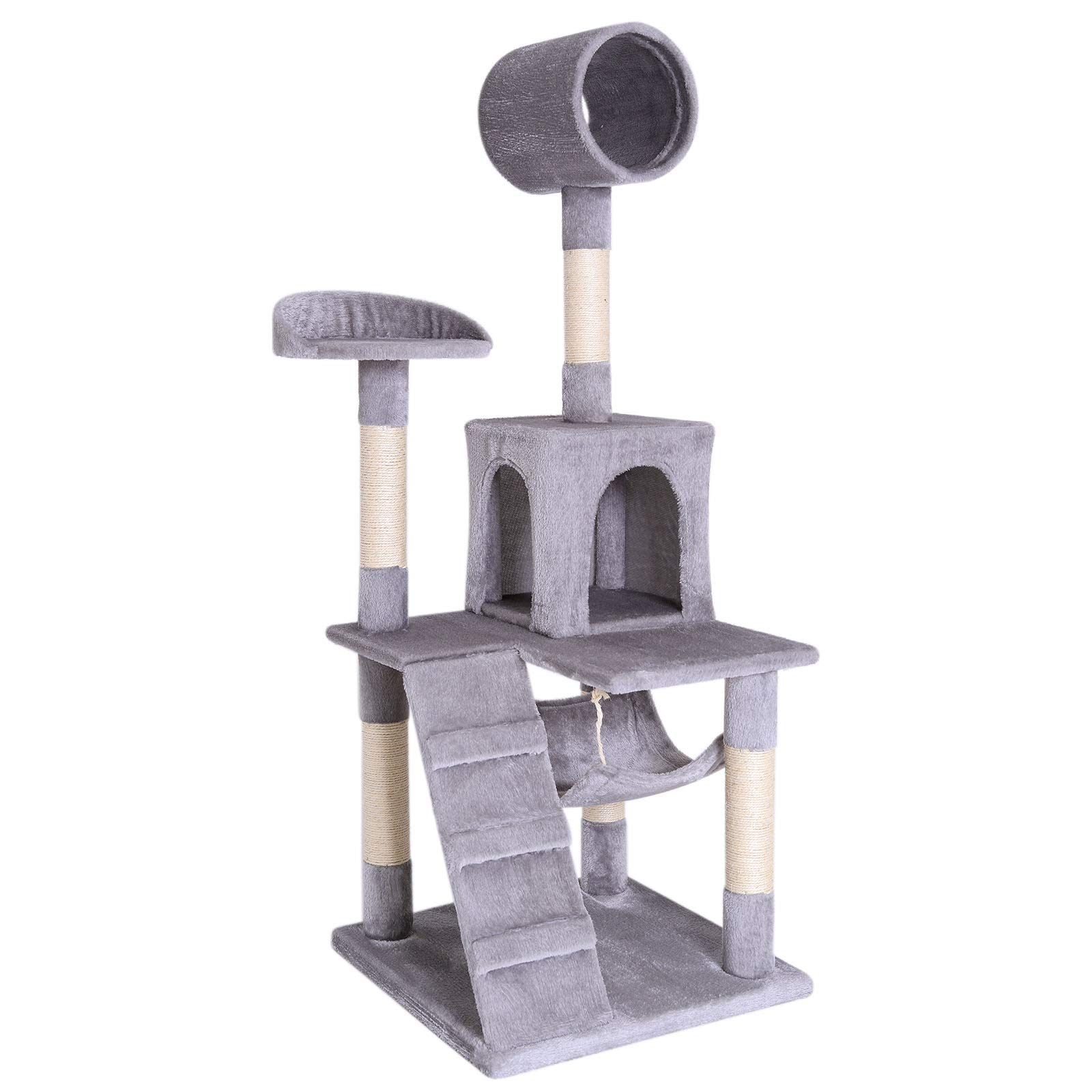 lionto Scratching tree for cats with hammock & tunnel, height 133 cm, cat tree with sisal rope & soft plush, cozy lying areas & caves, suitable for small & large cats, light grey