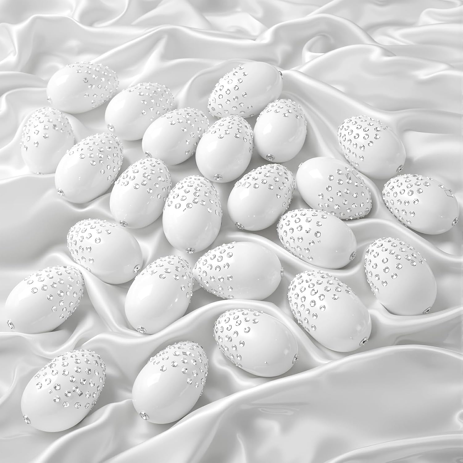 Qunclay 24 Pcs Easter Egg Decorations 2.4 in Plastic Rhinestone Eggs White Elegant Vase Filler and Basket Stuffer DIY Craft Supplies for Easter Gift Spring Wedding Party Vase Home Decor (Glitter)