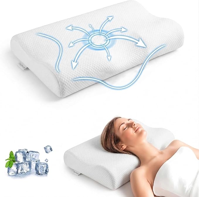 Orthopaedic Memory Foam Pillow - Cervical Support Pillow with Dual Height & Ergonomic Contour for Neck & Shoulder Pain Relief, Soothing Cooling Cover, Ideal for Side & Back Sleepers (Pink)