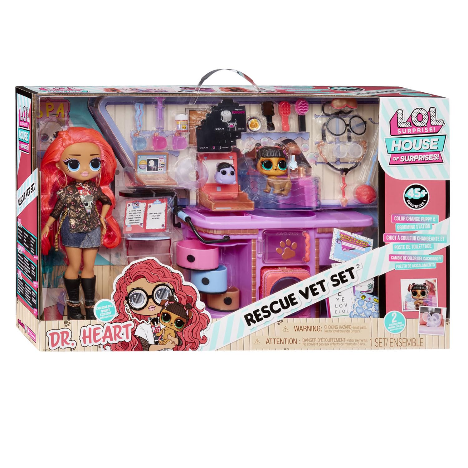 L.O.L. ¡Sorpresa! O.M.G Rescue Vet Set - 45+ verrassingen, kleurveranderingsfuncties, twee huisdieren en Exclusivo modepop dr. Heart - Serie House of Sorprises Geweldig voor kinderen vanaf 4 Jaar