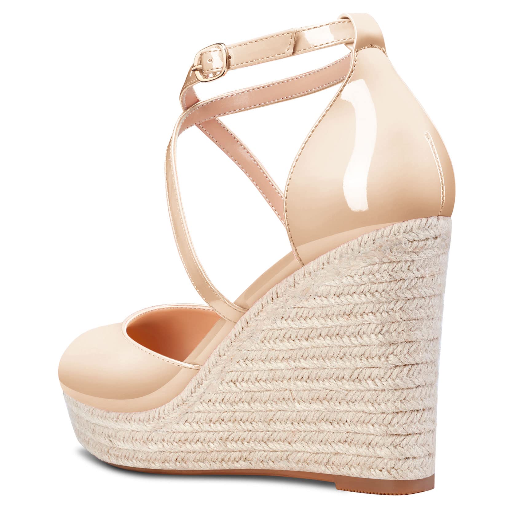 Aachcol Mujer cuña Esparto Plataforma Pumps Redonda Punta Correa Tobillo Chunky Ancho Alto High Heel Dress Zapatos Pumps de Boda Charol 10 CM