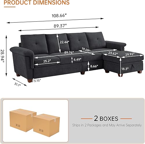 Miniatura 2 de 108" Sectional Sofa, Convertible L Shaped Sofa with Ottoman and Large Storage, 4 Seat Sectional Couch with Cup Holder, Couches for Living Room, Gris
