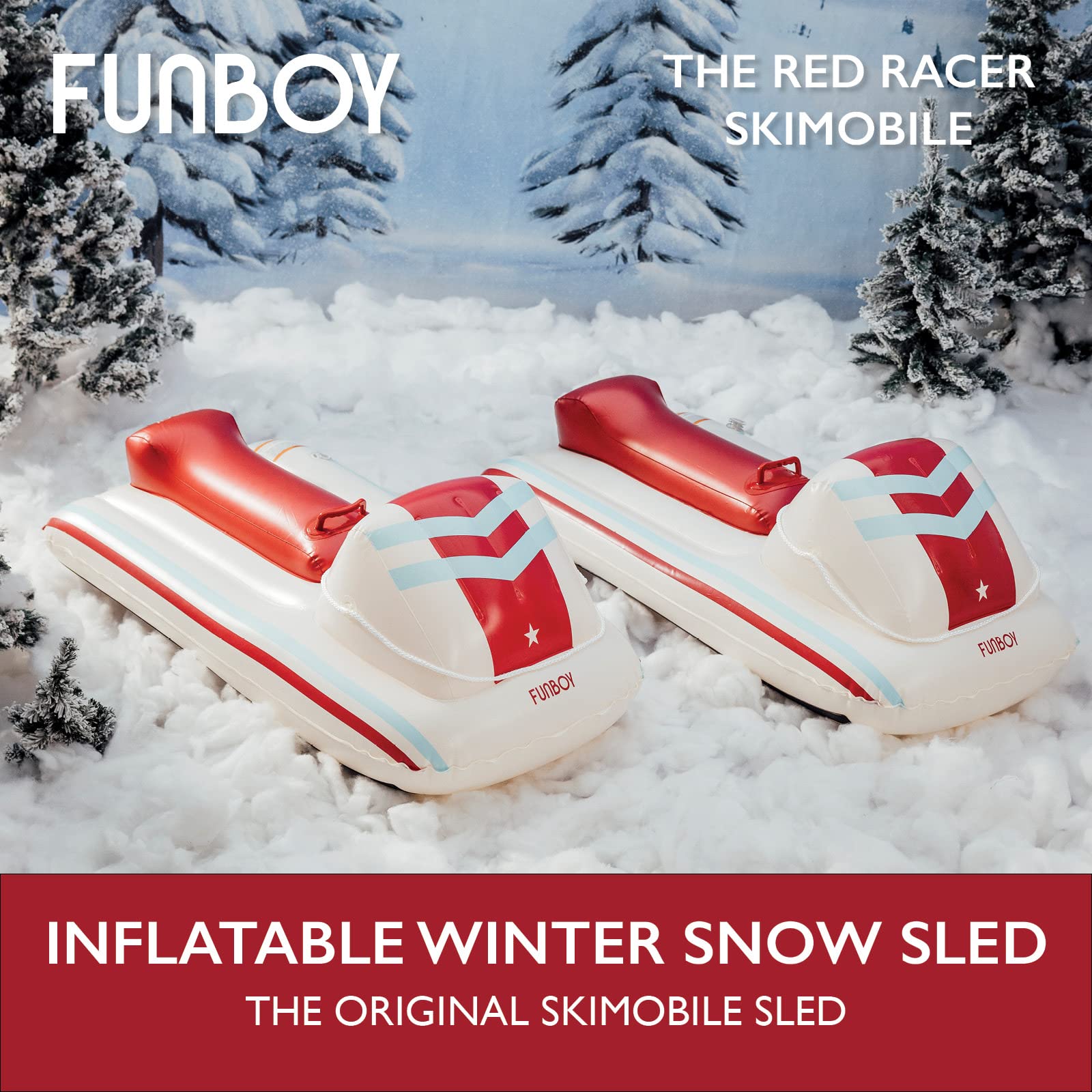 FUNBOY Inflatable Skimobile - Two Person Capacity Winter Snow Sled with Handles, Pull Rope, Rubber Base Tracks, Redracer, Two Pack