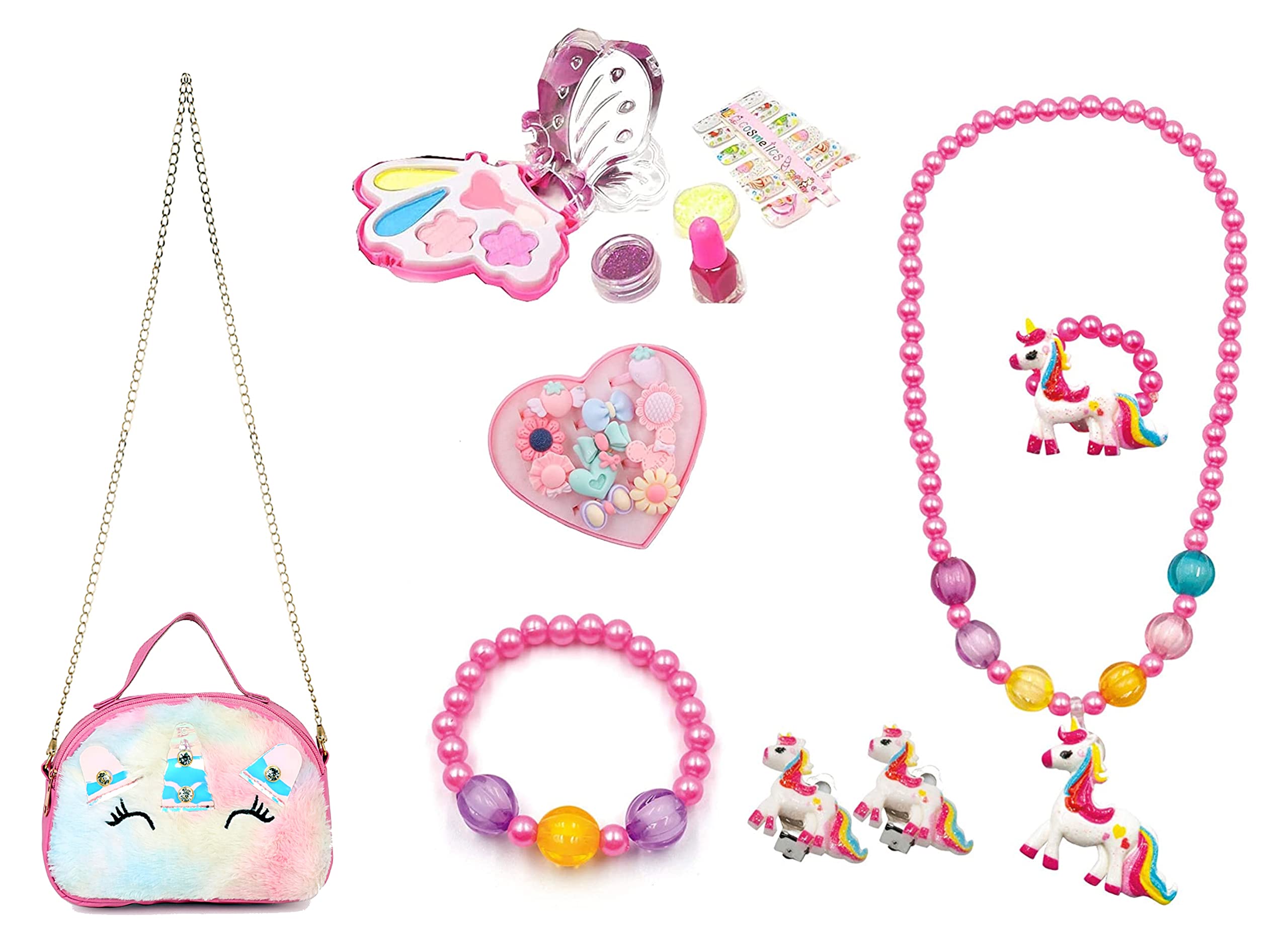 Aashiya Trades Unicorn Gifts For Girls Necklace And Bracelet And Earring Set With Makeup Set + Fur Sling Bag + Ringbox ( Pink ) (B09PH6VVCY) Amazon Price History, Amazon Price Tracker