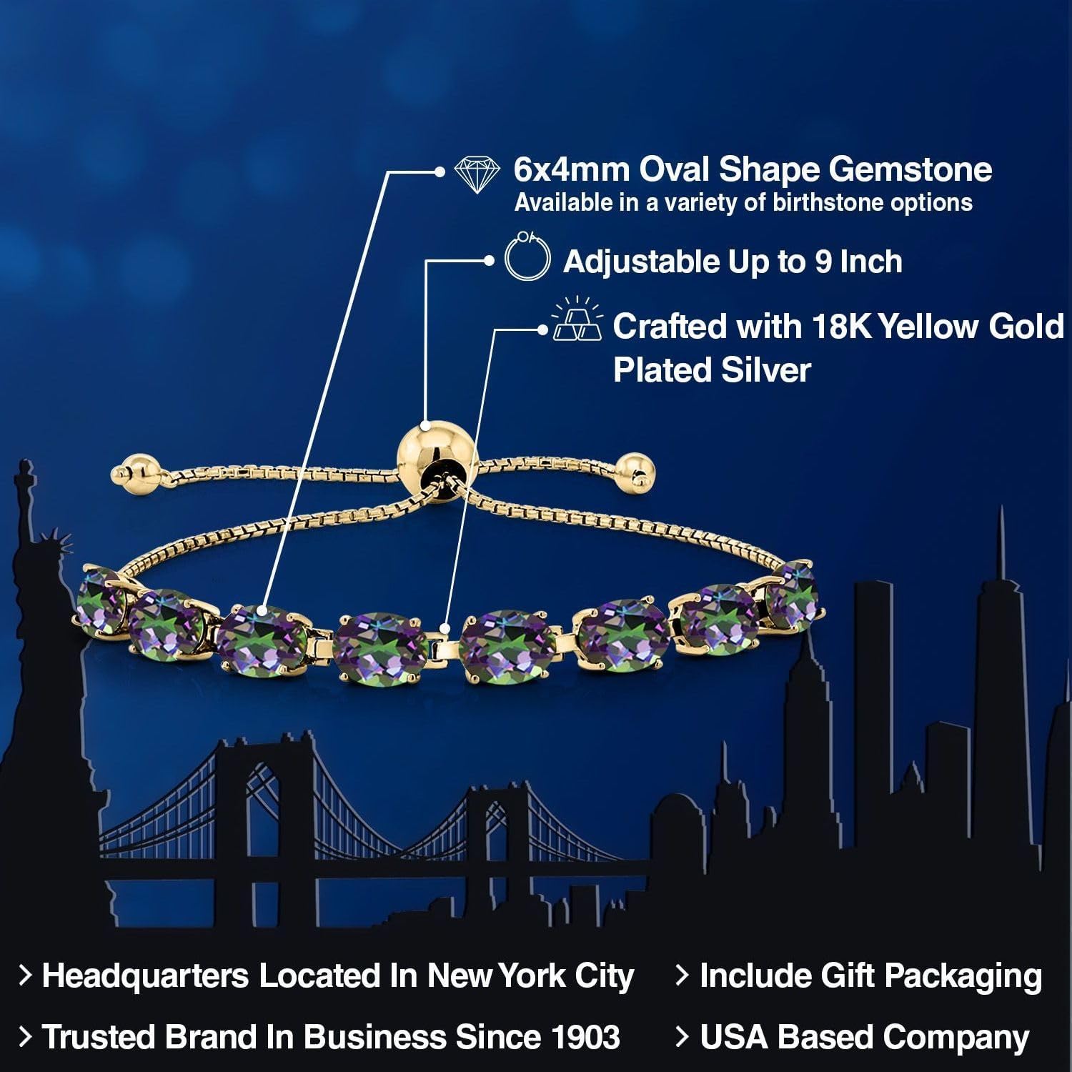 Gem Stone King 18K Yellow Gold Plated Silver 7X5MM Oval Gemstone Birthstone 8-Stone Tennis Bracelet For Women | Bollo Bracelet | Fully Adjustable Up to 9 Inch | Easy-On Easy-Off