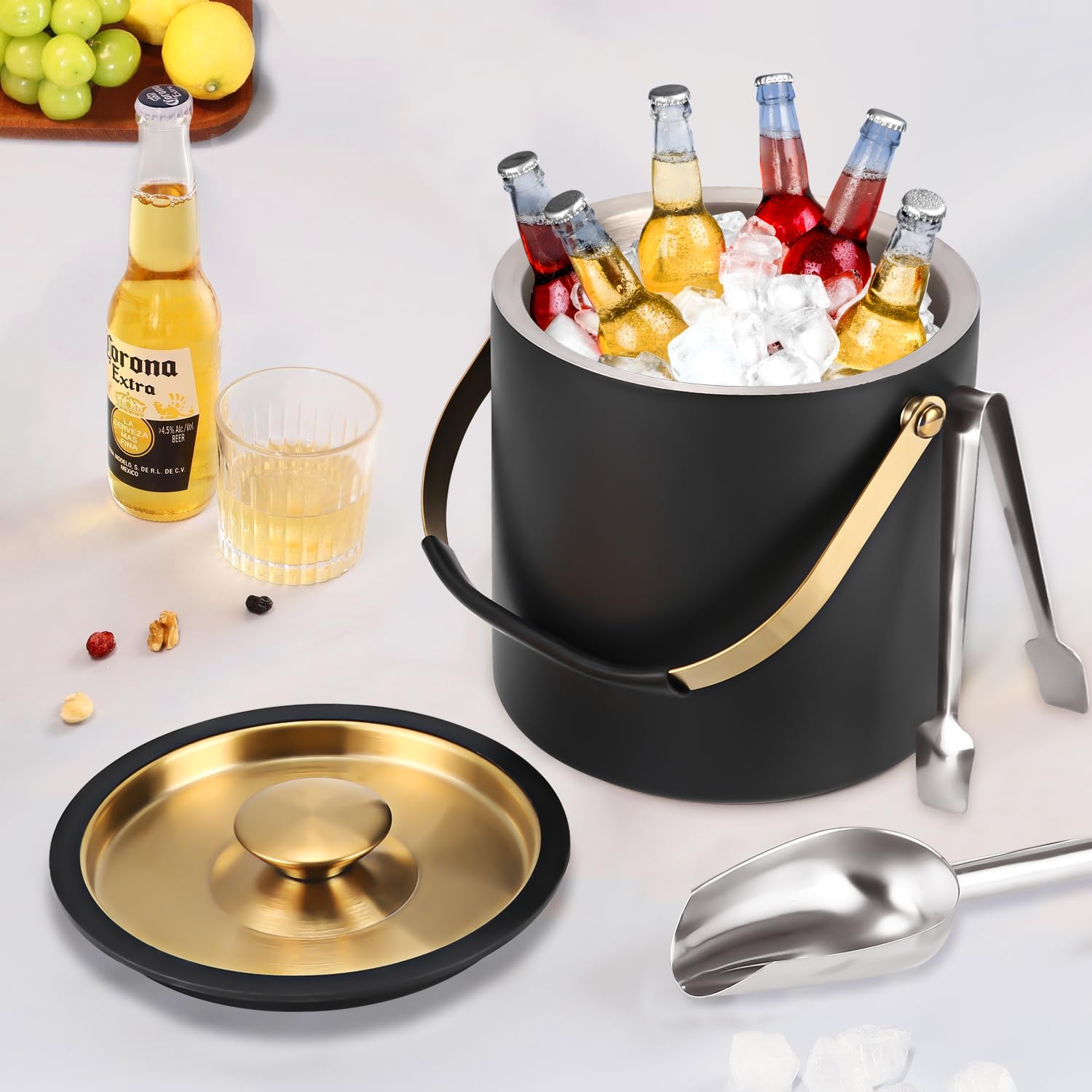 3.2L Cubitera Aislada, Cubitera Acero Inoxidable con Tapa de Silicona, Pinzas, Scoop, Colador, Aislamiento de Doble Pared con, Contenedor De Cubitos De Hielo para Bar de Cócteles, Fiestas, Champán