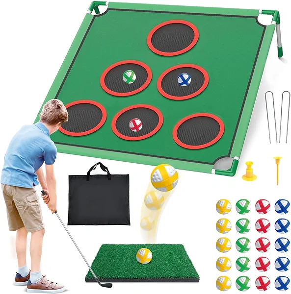 Golf Chipping Game Set - Backyard Cornhole Game Includes Putting Mat, 20 Sticky Balls, 6 Hole Covers, Club, Carrying Bag - Golf Target Yard Games for Golfers Indoor Outdoor, Gift for Dad