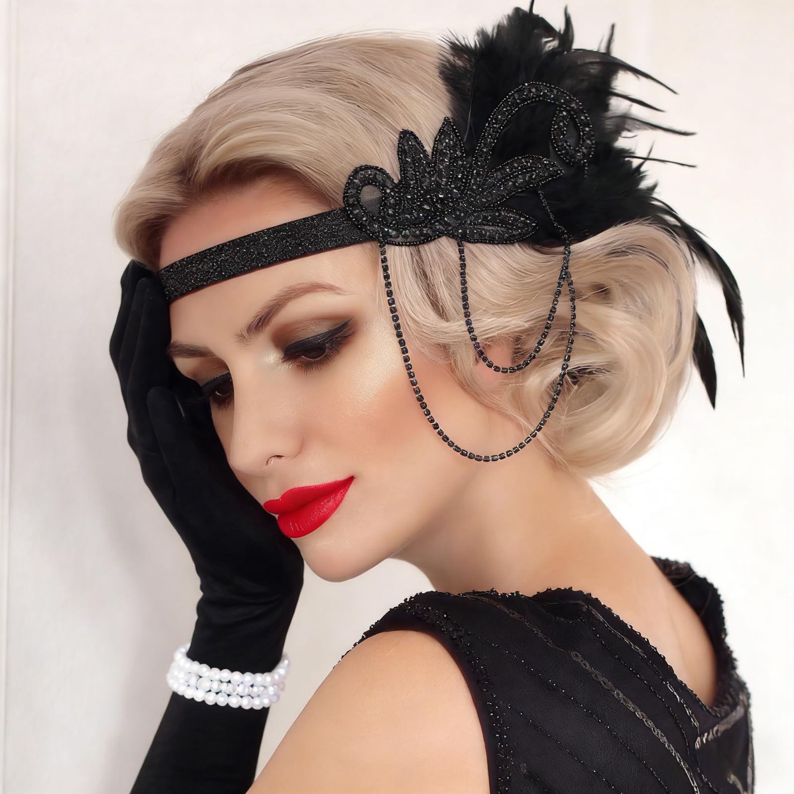 Amazleer 1920s Flapper Accessories Set for Women-Roaring 20s Costumes-Flapper Headpiece, Pearl Necklace (Black&White) - Image 4
