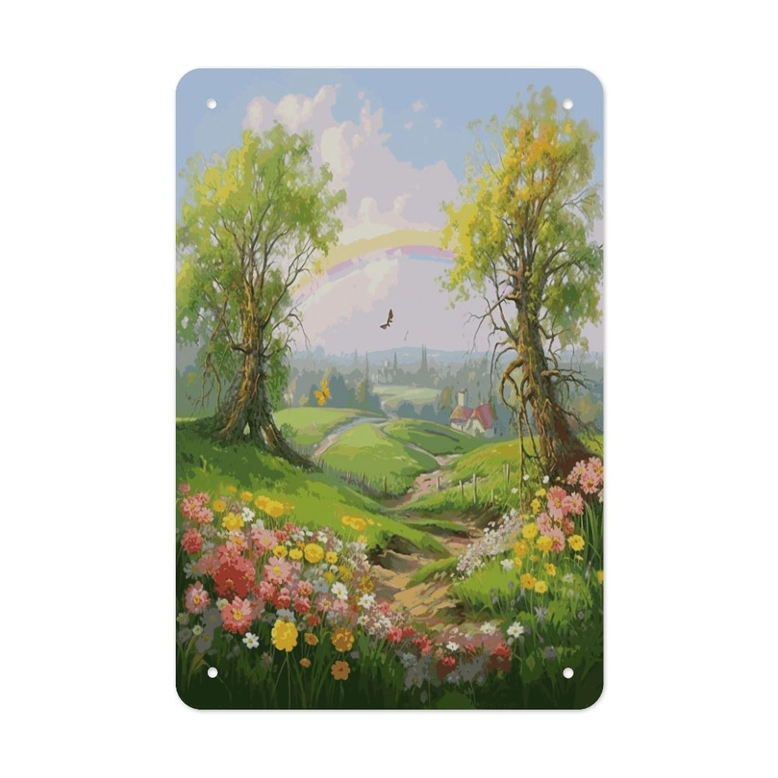 LDGSUPH Spring Landscape Wall Art Prints Folded Edge Iron Sheet Painting with Holes for Wall Prints Decorative Picture Metal Signboard Decor Painting for Outdoor Indoor Wall Decor