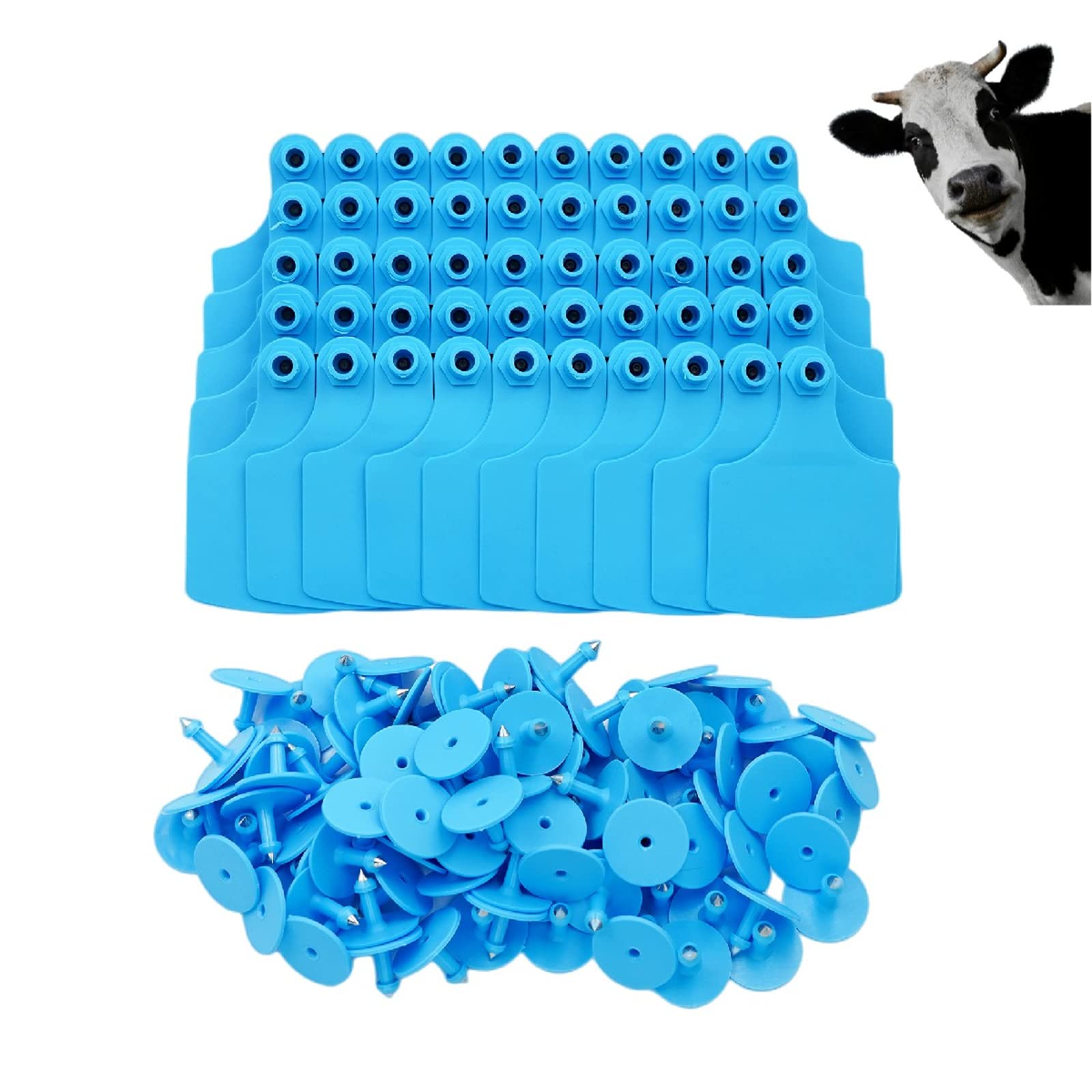 Lot de 100 étiquettes d'oreille en TPU sans mots - Non toxiques - Vache - Chèvre - Moutons - Chien - Cochon - Bœuf - Bleu