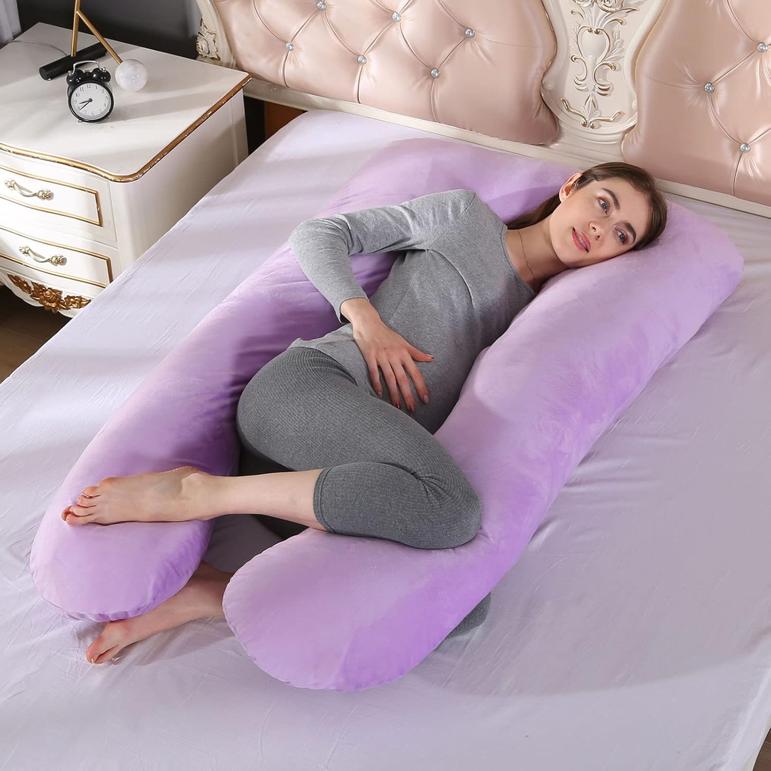 Pregnancy Pillow Crystal Velvet U -Shaped Maternity Pillow for Sleeping with Removable and Washable Cover Light Purple