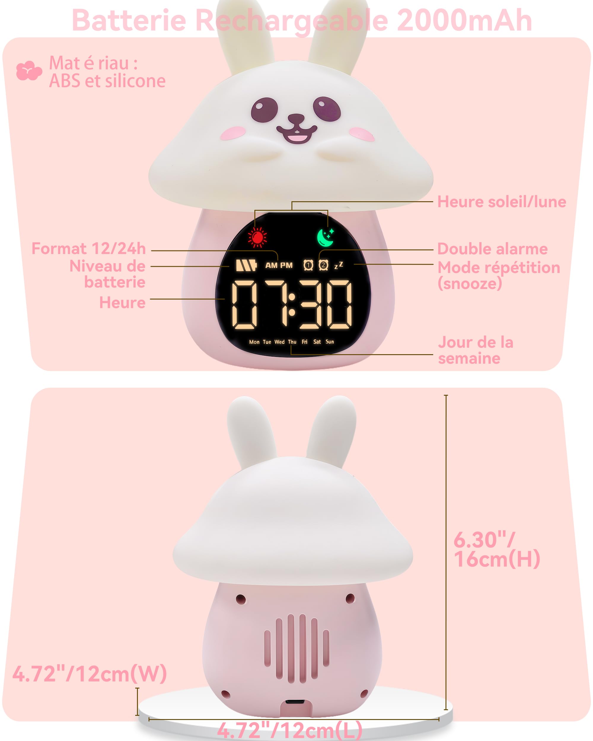 Yiliaw Réveil Enfant Éducatif Jour/Nuit Lumineux en Silicone avec Veilleuse – Horloge avec Lumière Apaisante, Idéale pour Garçons et Filles, Parfait pour Chambre d’Enfant, Lapin Champignon