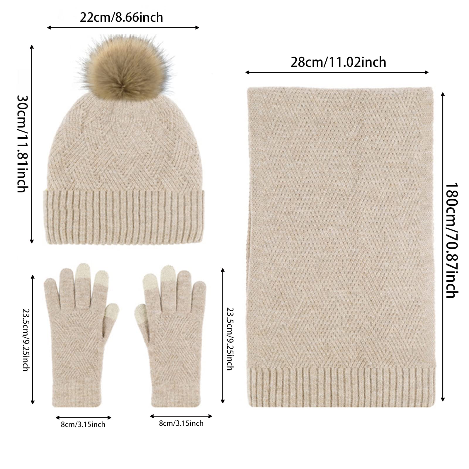 Ensemble bonnet à pompon et gants chauds pour l'hiver - Bonnet tricoté - Cache-cou et gants pour écran tactile - Unisexe