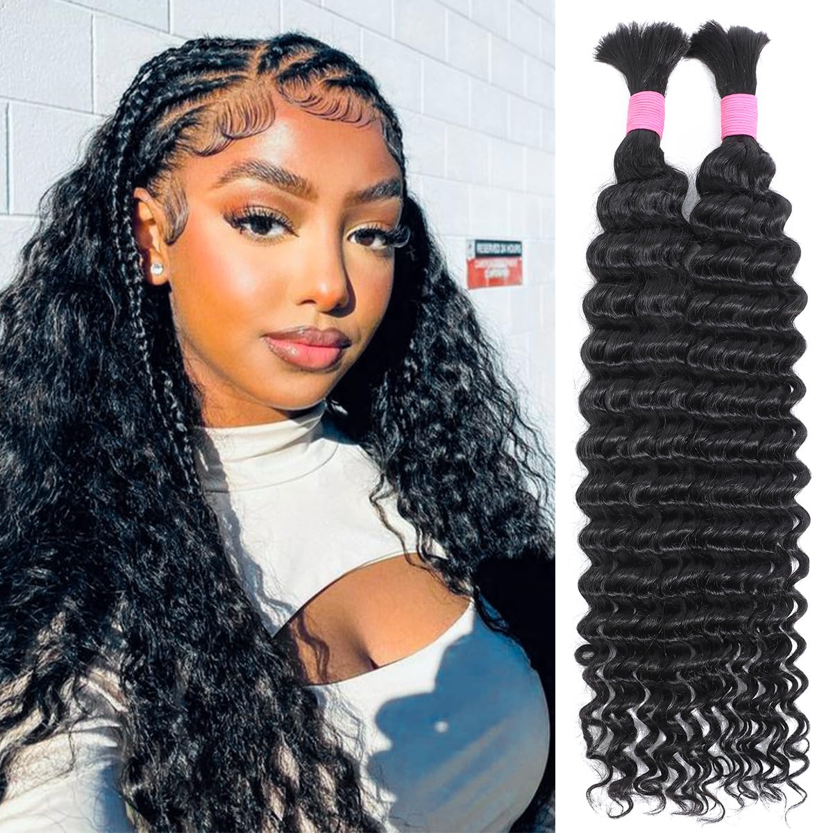 Human Braiding Hair for Boho Braids 14 Inch 2 Bundles 100g Deep Wave Bulk Hair 12A Virgin Curly for Knotless Braids (Natural Color)