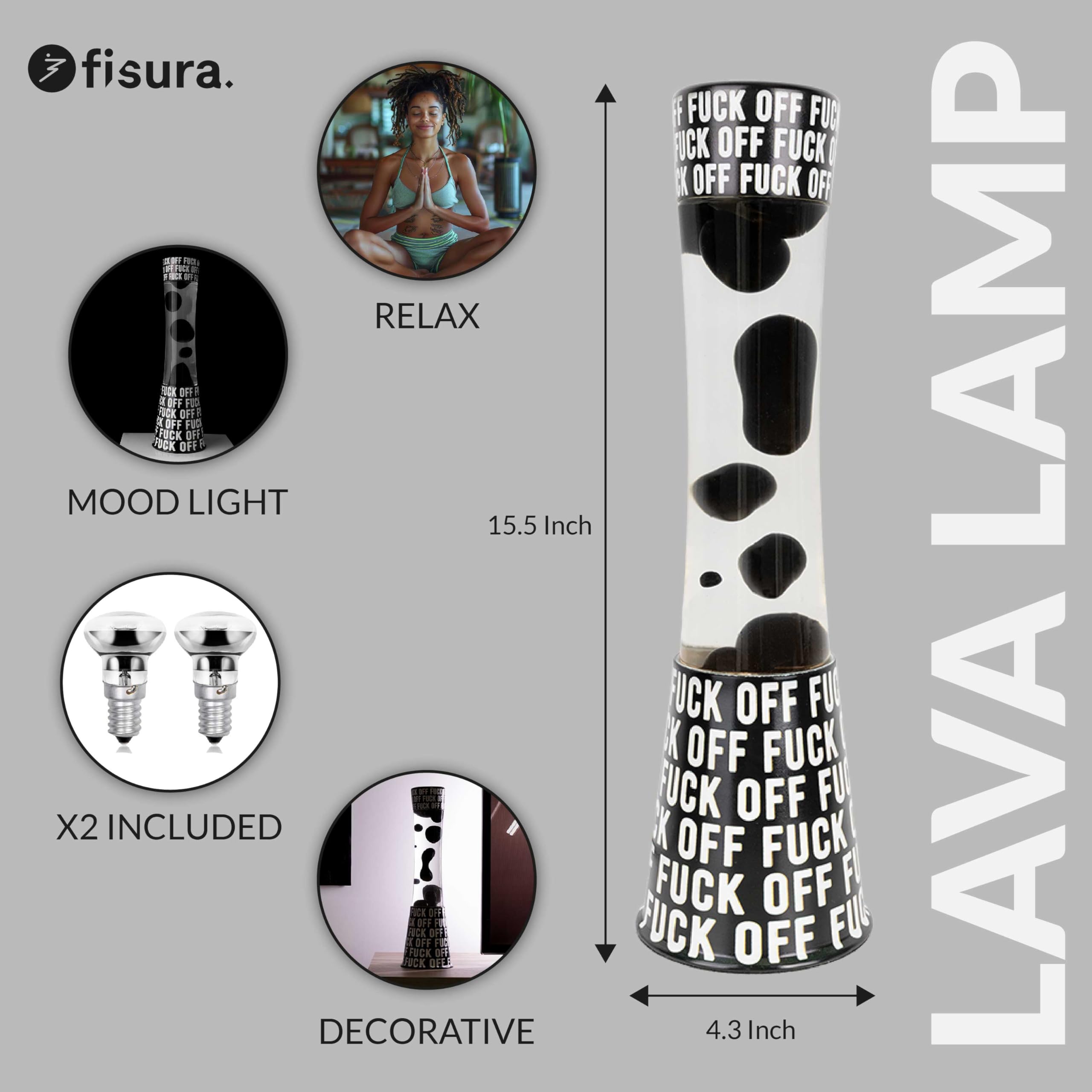 Fisura - Lampa lawa "f*ck off". Czarna podstawa z napisem, przezroczysty płyn i czarna lawa. Relaksujący efekt. Z zapasową żarówką. 11 cm x 11 cm x 39,5 cm.