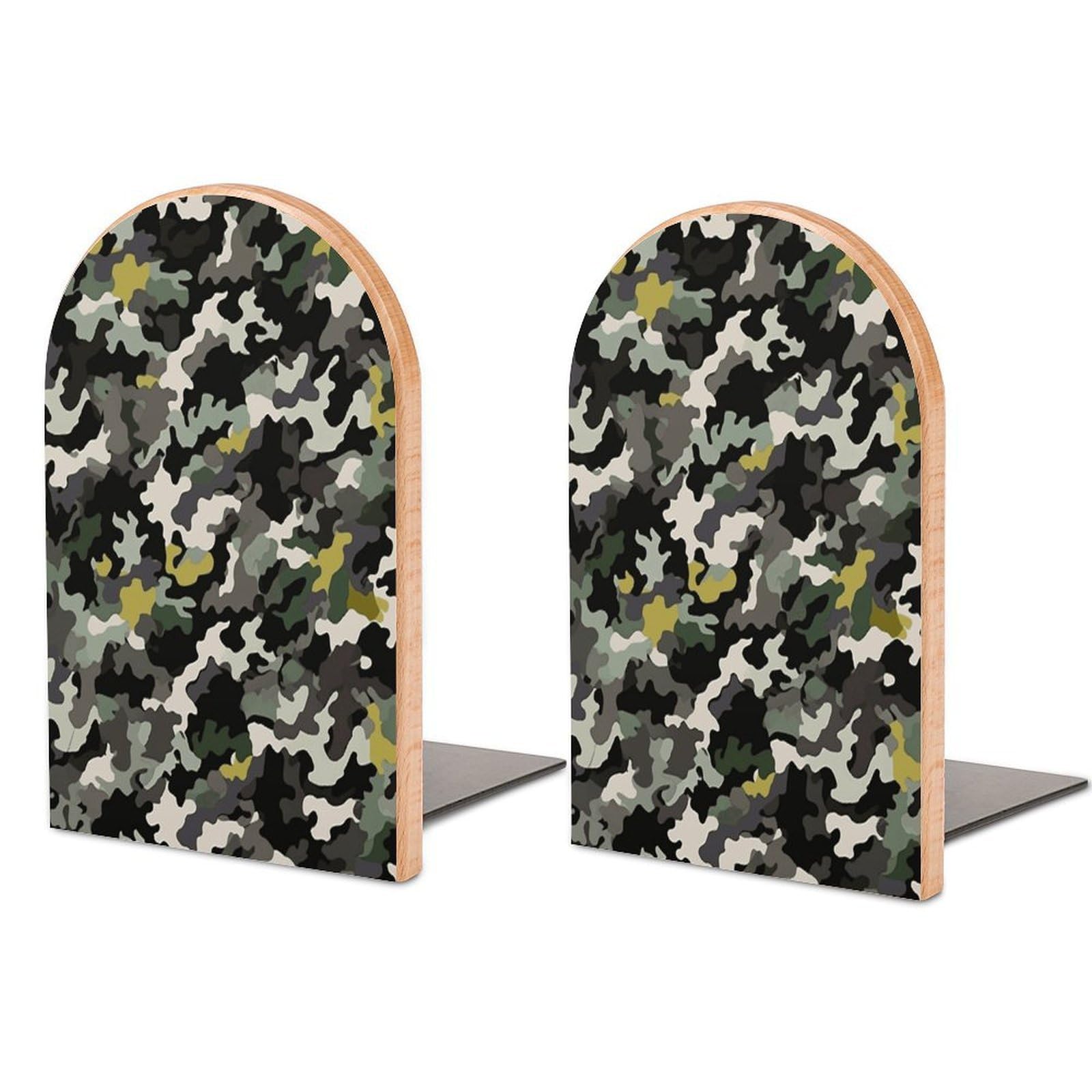 Abstract Camouflage Bookend for Shelves Fashion Modern Wood Book End with Non-Slip Metal Base Universal Economy Bookend Book Organizer for Home Office Desk Accessories 1 Pair